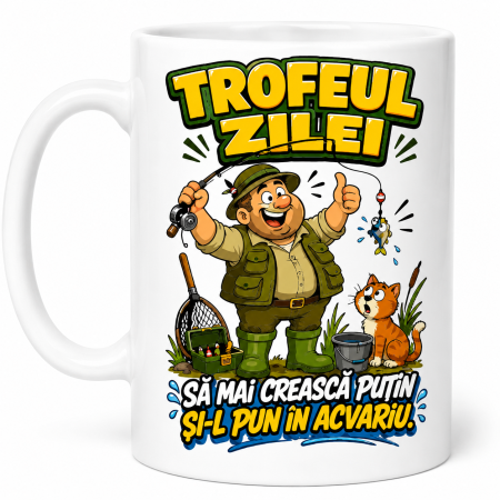 Căni cadou - Cană pentru pescar cu Trofeul zilei, pește mic și pisică