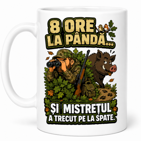 Căni cadou - Cană pentru vânător cu mistreț și mesajul 8 ore la pândă