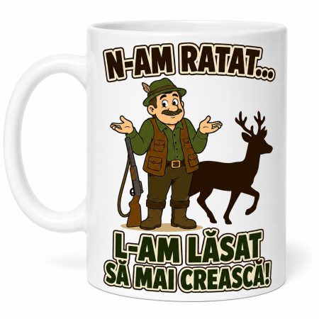 Căni cadou - Cană pentru vânător cu mesajul N-am ratat și ilustrație cu cerb