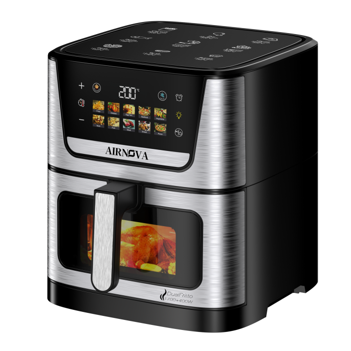 Air fryer AIRNOVA® DualFritto 2100W (1700W sus si 400W jos), Capacitate 9L, Friteuza cu aer cald, Afisaj Digital Touch Direct, Incalzire Dubla Sus + Jos, Friteuza cu Aer Cald, Inox [2]