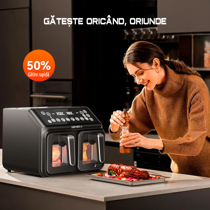 Air fryer AIRNOVA® BiFritto 2200W, Friteuza cu aer cald, Capacitate 9.4L, 2 compartimente, Negru [7]
