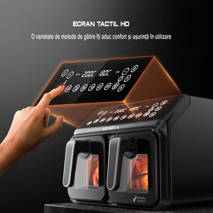 RESIGILAT: Air fryer AIRNOVA® BiFritto 2200W, Capacitate 9.4L, Friteuza cu aer cald, 2 compartimente, Negru [2]