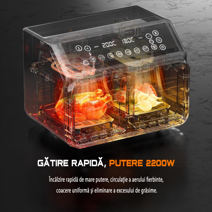 Air fryer AIRNOVA® BiFritto 2200W, Friteuza cu aer cald, Capacitate 9.4L, 2 compartimente, Negru [5]