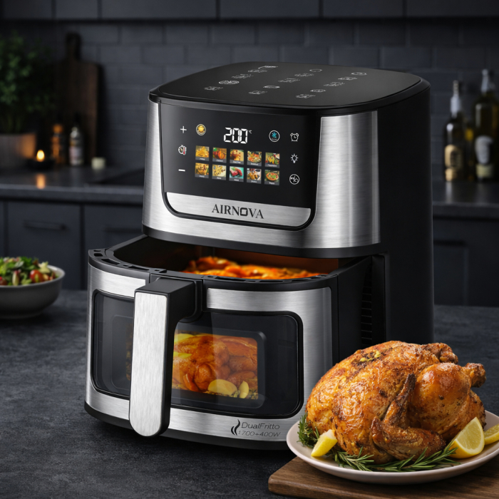 Air fryer AIRNOVA® DualFritto 2100W (1700W sus si 400W jos), Capacitate 9L, Friteuza cu aer cald, Afisaj Digital Touch Direct, Incalzire Dubla Sus + Jos, Friteuza cu Aer Cald, Inox [4]