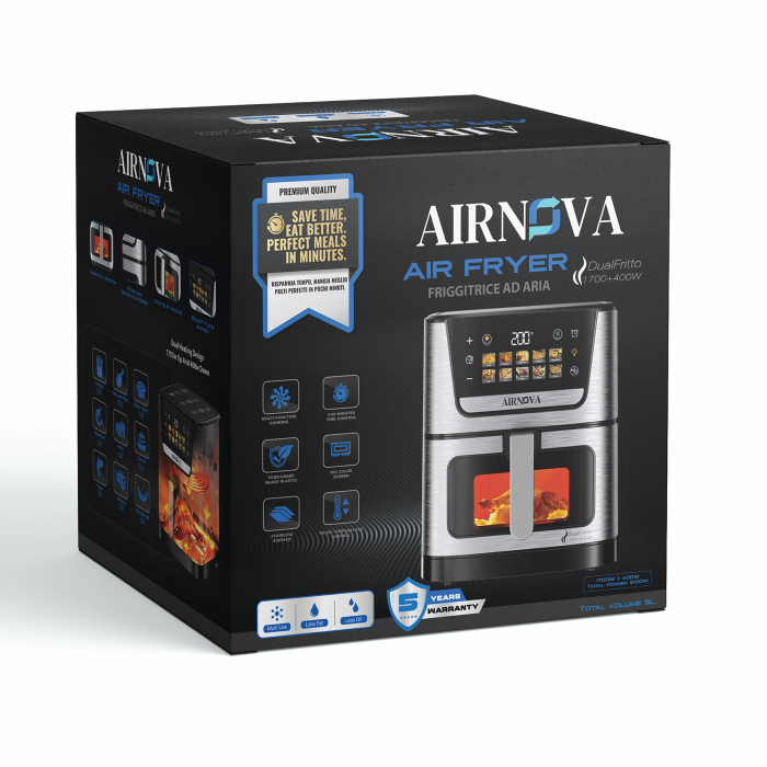 Air fryer AIRNOVA® DualFritto 2100W (1700W sus si 400W jos), Capacitate 9L, Friteuza cu aer cald, Afisaj Digital Touch Direct, Incalzire Dubla Sus + Jos, Friteuza cu Aer Cald, Inox [6]