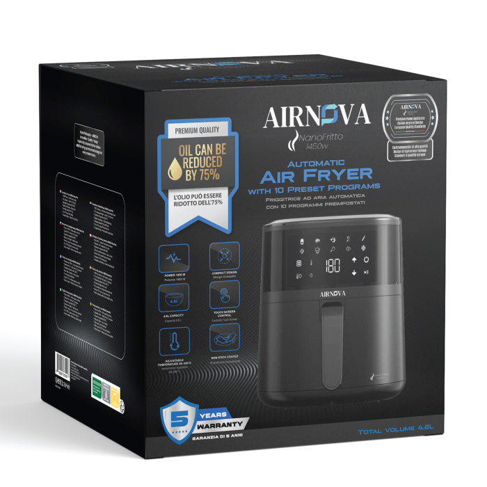 Air fryer AIRNOVA® NanoFritto 1450W,  Capacitate 4.8L, Friteuză cu aer cald automată, 10 programe presetate, Control digital, Negru [6]