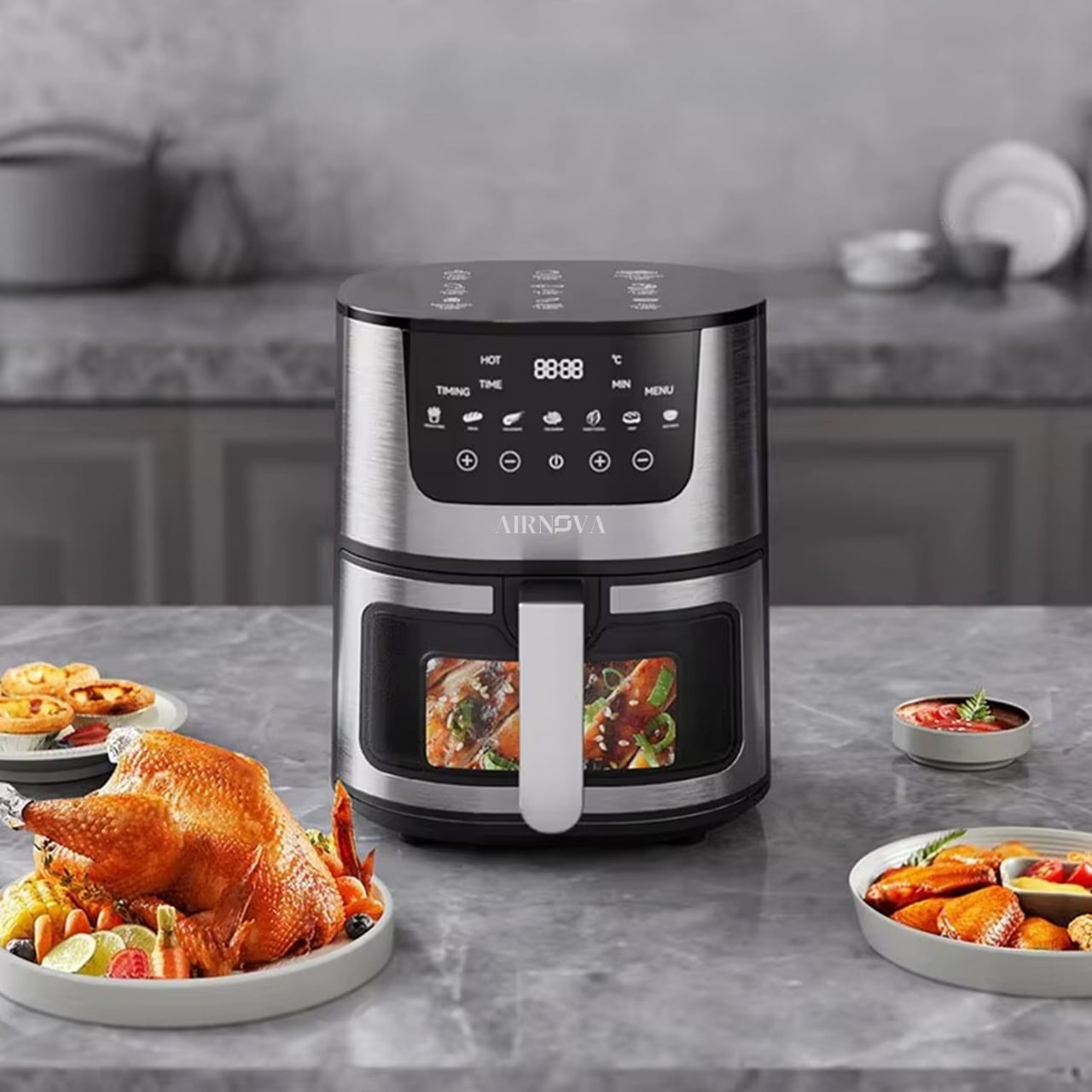 Air fryer AIRNOVA® OroFritto 1400W, Friteuza cu aer cald, Capacitate 7L, Negru/Inox [10]