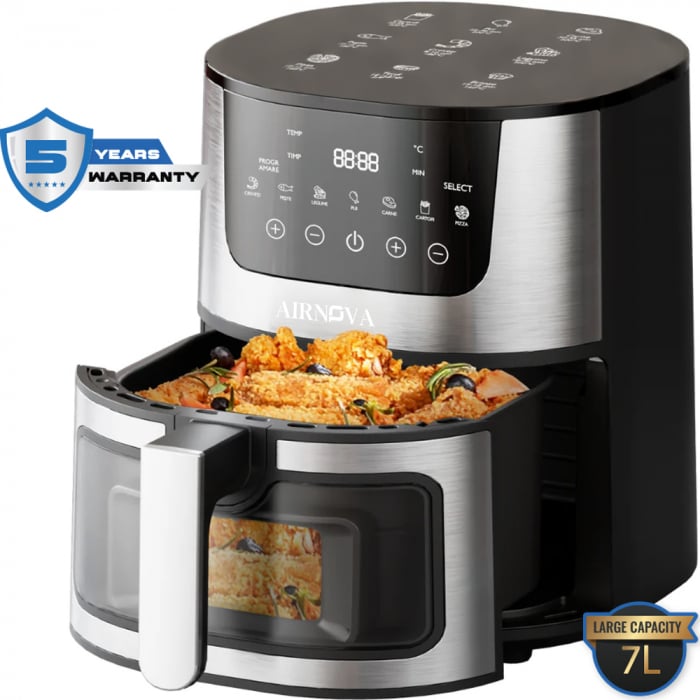 Air fryer AIRNOVA® OroFritto 1400W, Friteuza cu aer cald, Capacitate 7L, Negru/Inox [1]