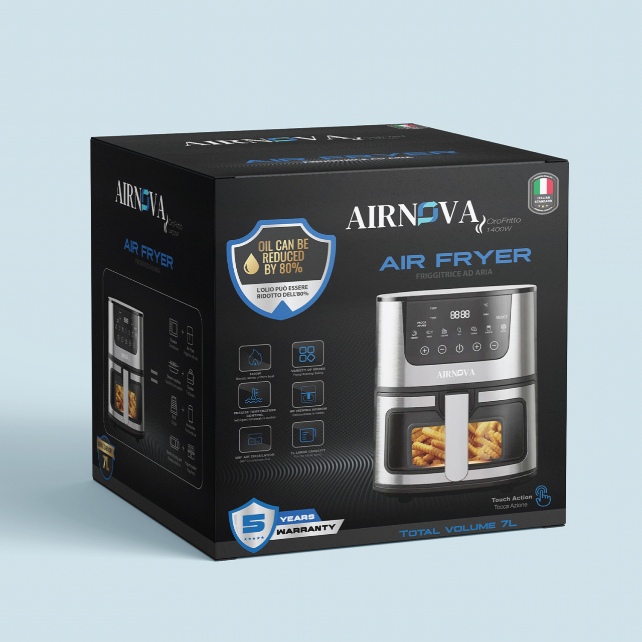 RESIGILAT: Air fryer AIRNOVA® OroFritto 1400W,  Capacitate 7L, Friteuza cu aer cald, Negru/Inox [11]