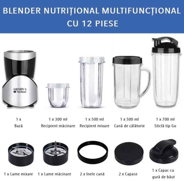 Blender AIRNOVA® VitaBlend BLD-01, 900W, 1 x cupa 0.7l, 2 x cupa 0.5l, 1 x cupa 0.3l, Motor Cupru, Lame Inox, Smoothie & Zdrobire Gheata [2]