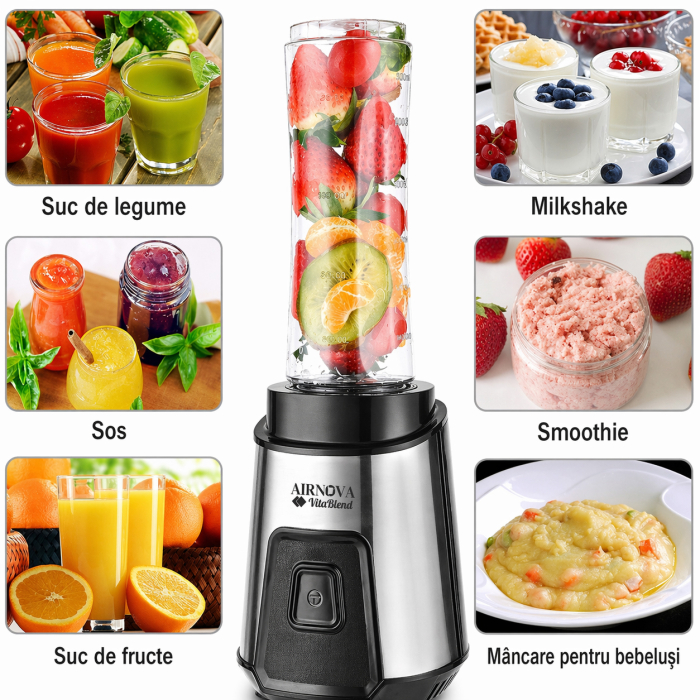 Blender AIRNOVA® VitaBlend BLD-06, 700W, 2 x sticle 0.6l BPA FREE, Motor Cupru, Lame Inox, Smoothie & Zdrobire Gheata [4]
