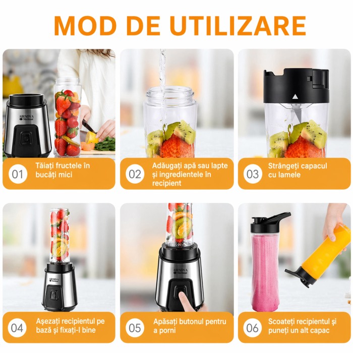 Blender AIRNOVA® VitaBlend BLD-06, 700W, 2 x sticle 0.6l BPA FREE, Motor Cupru, Lame Inox, Smoothie & Zdrobire Gheata [5]