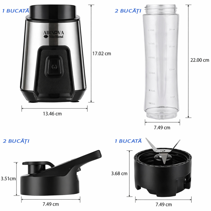 Blender AIRNOVA® VitaBlend BLD-06, 700W, 2 x sticle 0.6l BPA FREE, Motor Cupru, Lame Inox, Smoothie & Zdrobire Gheata [3]