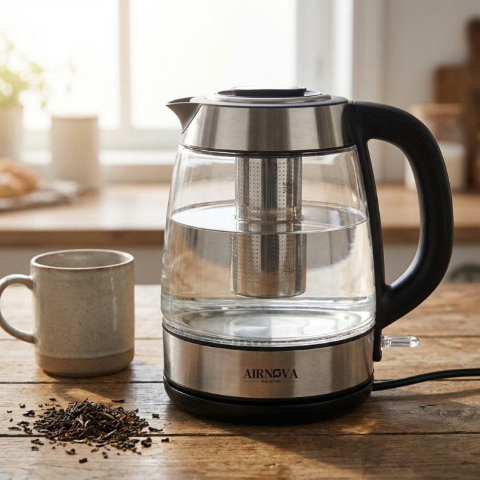 Fierbator apa cu filtru pentru ceai AIRNOVA® AquaVita, 2200W, Capacitate 2.0L, Filtru detasabil, Oprire automata, Inox/Negru [11]