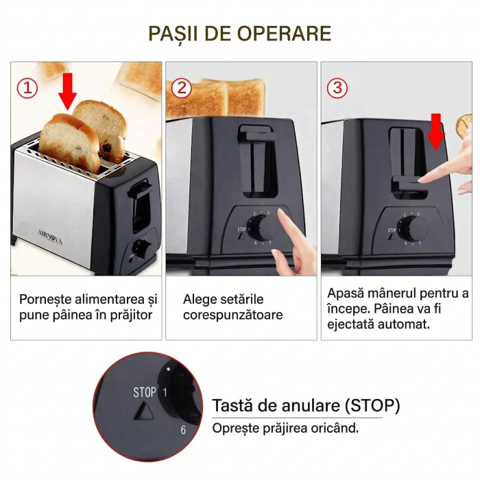 Prajitor de paine AIRNOVA® CrispToast, 750W, 2 felii, 6 trepte rumenire, Design Negru-Inox [3]