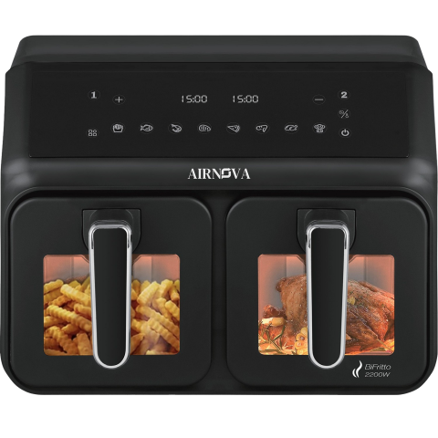 Produse - Air fryer AIRNOVA® BiFritto 2200W, Friteuza cu aer cald, Capacitate 9.4L, 2 compartimente, Negru