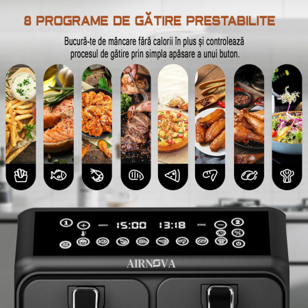 RESIGILAT: Air fryer AIRNOVA® BiFritto 2200W, Capacitate 9.4L, Friteuza cu aer cald, 2 compartimente, Negru [2]
