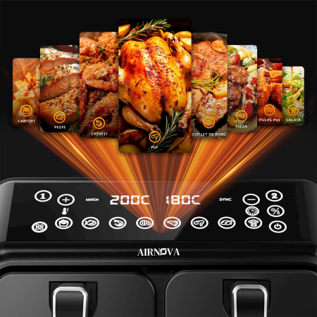Air fryer AIRNOVA® BiFritto 2200W, Friteuza cu aer cald, Capacitate 9.4L, 2 compartimente, Negru [5]