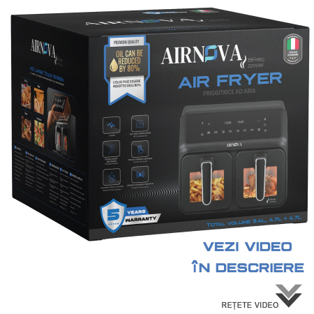 RESIGILAT: Air fryer AIRNOVA® BiFritto 2200W, Capacitate 9.4L, Friteuza cu aer cald, 2 compartimente, Negru [11]