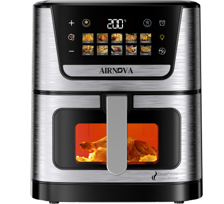 Air Fryere (Friteuze cu aer cald) - Air fryer AIRNOVA® DualFritto 2100W (1700W sus si 400W jos), Capacitate 9L, Friteuza cu aer cald, Afisaj Digital Touch Direct, Incalzire Dubla Sus + Jos, Friteuza cu Aer Cald, Inox