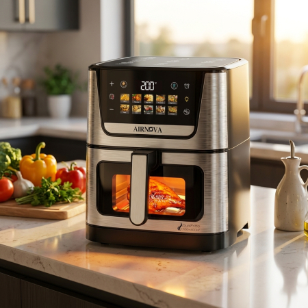 Air fryer AIRNOVA® DualFritto 2100W (1700W sus si 400W jos), Capacitate 9L, Friteuza cu aer cald, Afisaj Digital Touch Direct, Incalzire Dubla Sus + Jos, Friteuza cu Aer Cald, Inox [4]