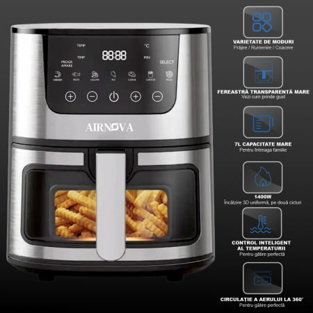 Air fryer AIRNOVA® OroFritto 1400W, Friteuza cu aer cald, Capacitate 7L, Negru/Inox [2]