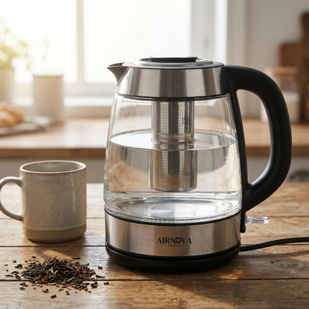 Fierbator apa cu filtru pentru ceai AIRNOVA® AquaVita, 2200W, Capacitate 2.0L, Filtru detasabil, Oprire automata, Inox/Negru [10]