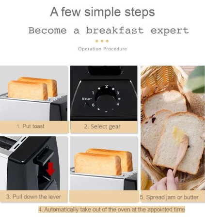 Prajitor de paine AIRNOVA® CrispToast, 750W, 2 felii, 6 trepte rumenire, Design Negru-Inox [5]