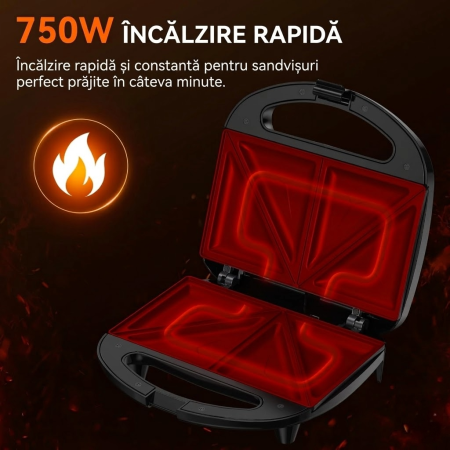 Sanwich Maker AIRNOVA® PaniniPressa, 750W, Aparat sandwich capacitate 2 buc, Sistem blocare, Placi antiaderente fixe [4]