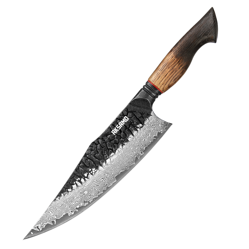 Cutite - Cuțit Bucătar Profesional AKSAMO 8.5” – Damascus 67 Straturi, Lamă Forjată, Mâner din Stejar Alb Ars, Inserții G10 Roșii, Finisaj Negru Titan Stone-Wash