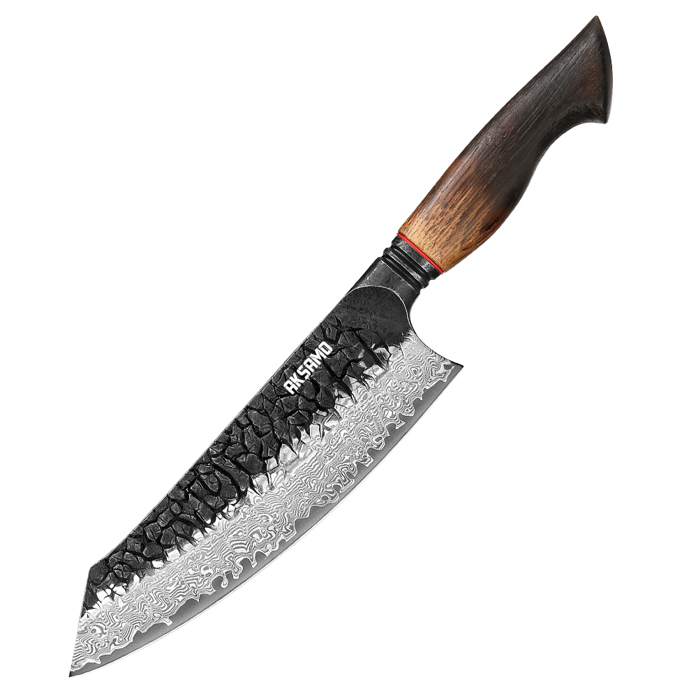 Cutite - Cuțit Santoku Profesional AKSAMO 7.5"– Damascus 67 Straturi, Lamă Forjată, Mâner din Stejar Alb Ars, Inserții G10 Roșii, Finisaj Negru Titan Stone-Wash
