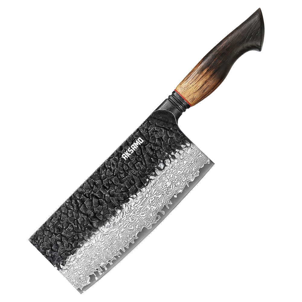Cutite - Cuțit Cleaver Profesional AKSAMO 7" – Damascus 67 Straturi, Lamă Forjată, Mâner din Stejar Alb Ars, Inserții G10 Roșii, Finisaj Negru Titan Stone-Wash