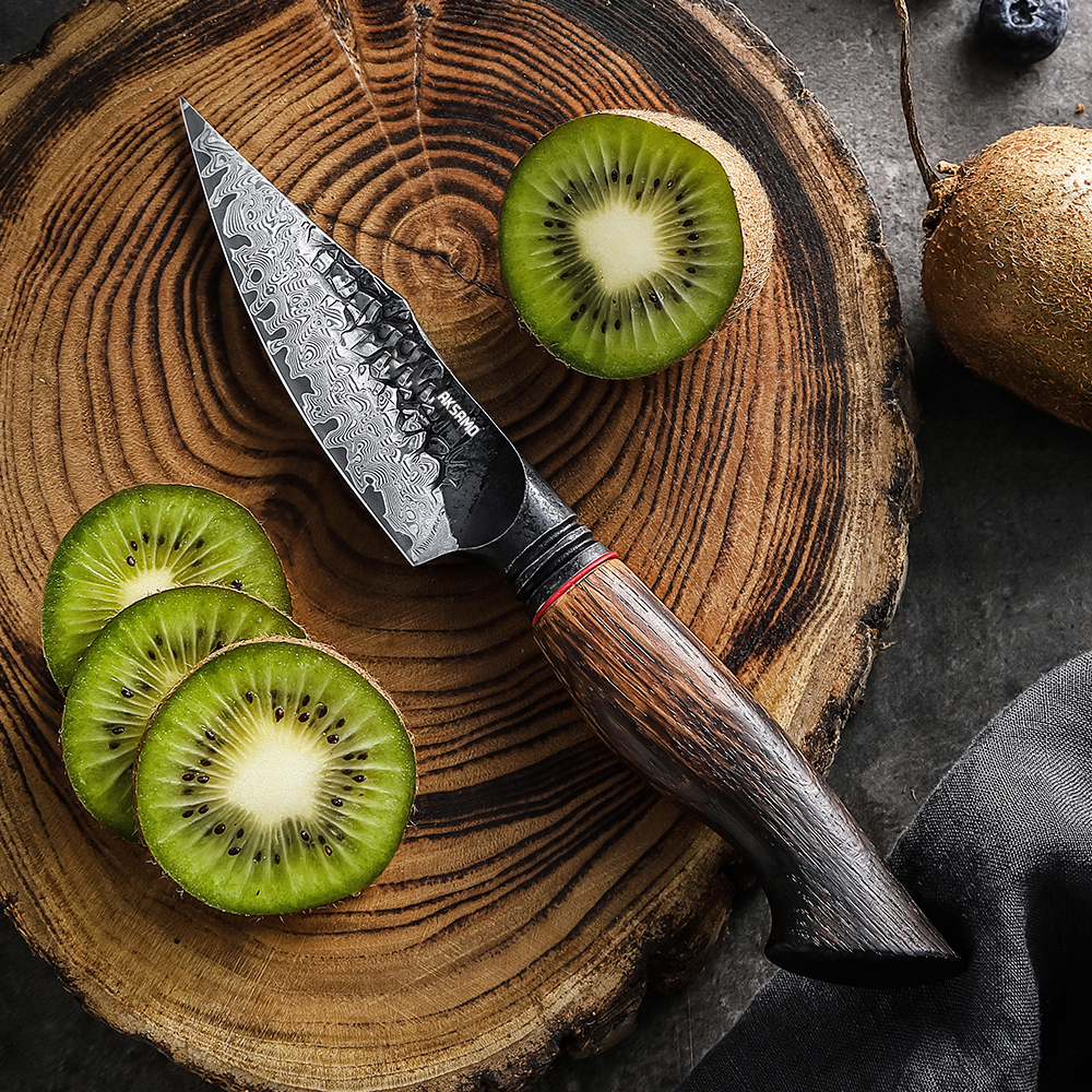 Cuțit Paring Profesional AKSAMO 4” – Damascus 67 Straturi, Lamă Forjată, Mâner din Stejar Alb Ars, Inserții G10 Roșii, Finisaj Negru Titan Stone-Wash [1]