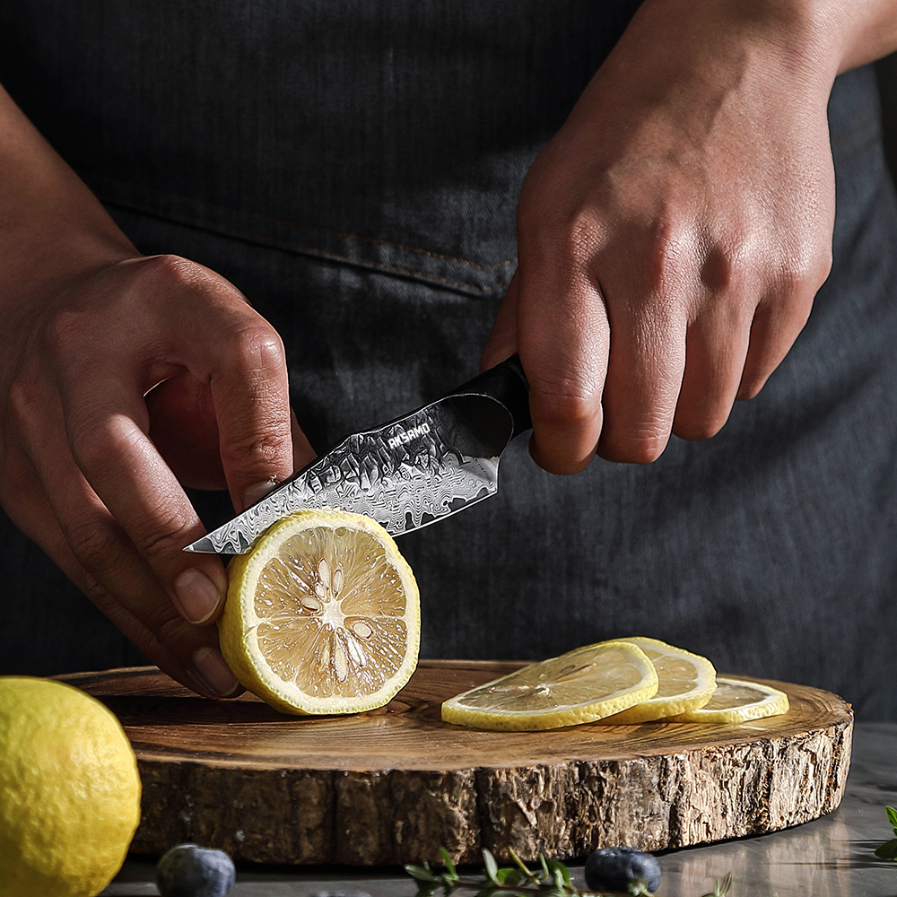 Cuțit Paring Profesional AKSAMO 4” – Damascus 67 Straturi, Lamă Forjată, Mâner din Stejar Alb Ars, Inserții G10 Roșii, Finisaj Negru Titan Stone-Wash [2]