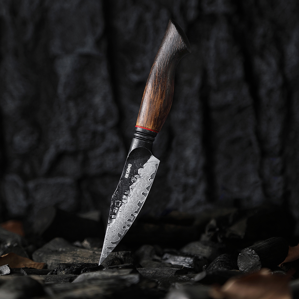 Cuțit Paring Profesional AKSAMO 4” – Damascus 67 Straturi, Lamă Forjată, Mâner din Stejar Alb Ars, Inserții G10 Roșii, Finisaj Negru Titan Stone-Wash [4]
