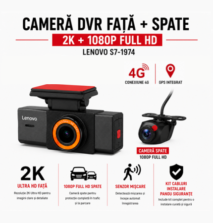 CAMERE DE BORD LENOVO - Camera DVR Lenovo S7-1974 2K fata si 1080 spate ecran 1.97 inch conexiune 4G GPS unghi larg monitorizare parcare