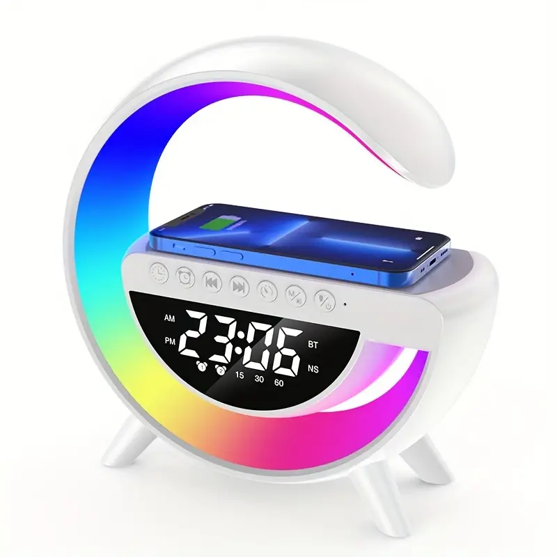Lampi led - Lampa decorativa multifunctionala cu incarcare wireless, ceas, alarma si boxa bluetooth, lumina ambientala multicolora, jocuri de lumini, incarcare USB, slot card TF, Model  BT-3401 alb