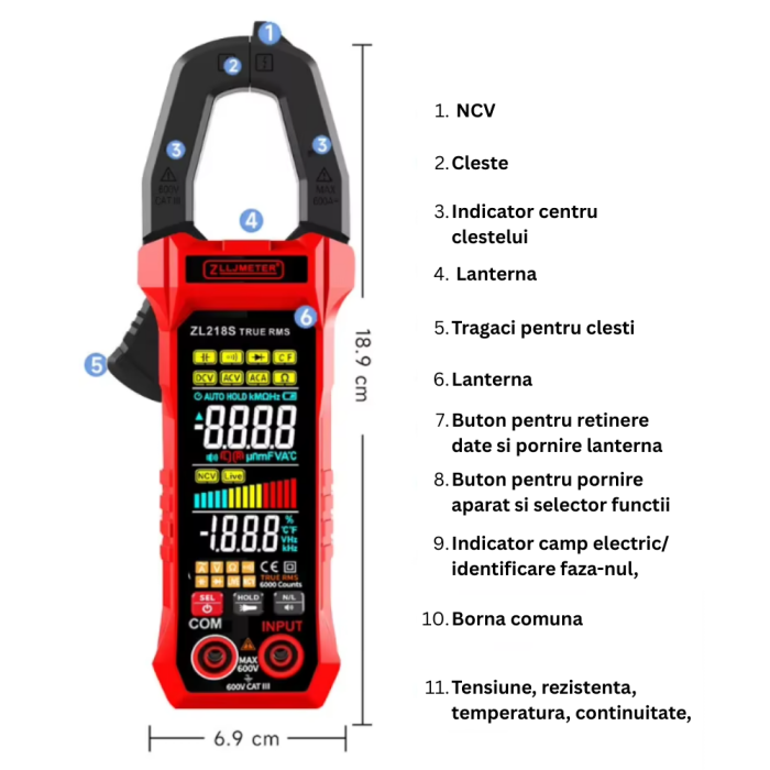 Cleste ampermetric, 600A AC, tensiune 600V AC/DC, afisaj dual, ZL218S [2]