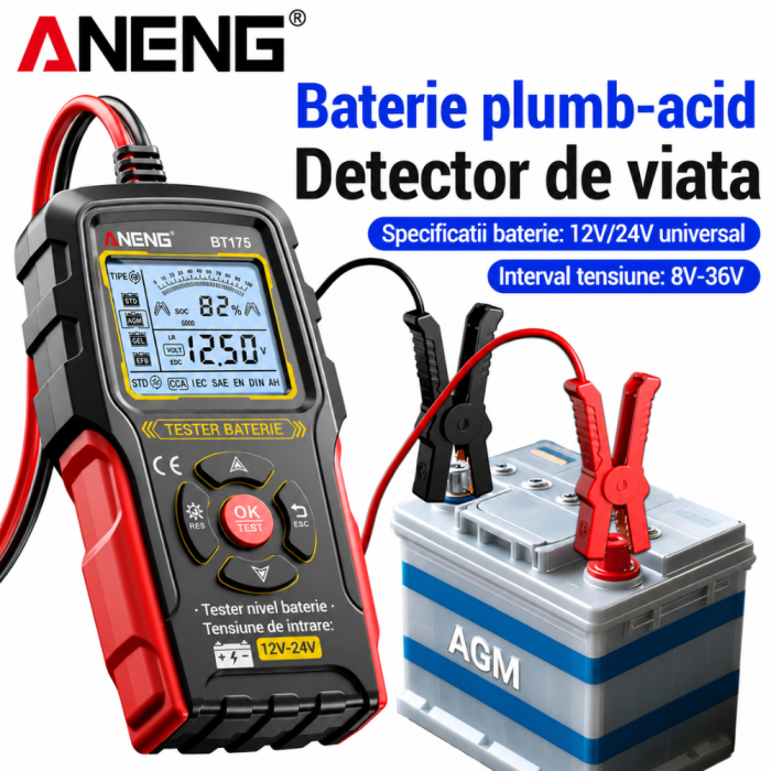 Tester baterii auto 12-24V, 3-200Ah, pentru vehicule auto, camioane, stivuitoare Aneng BT175 [3]
