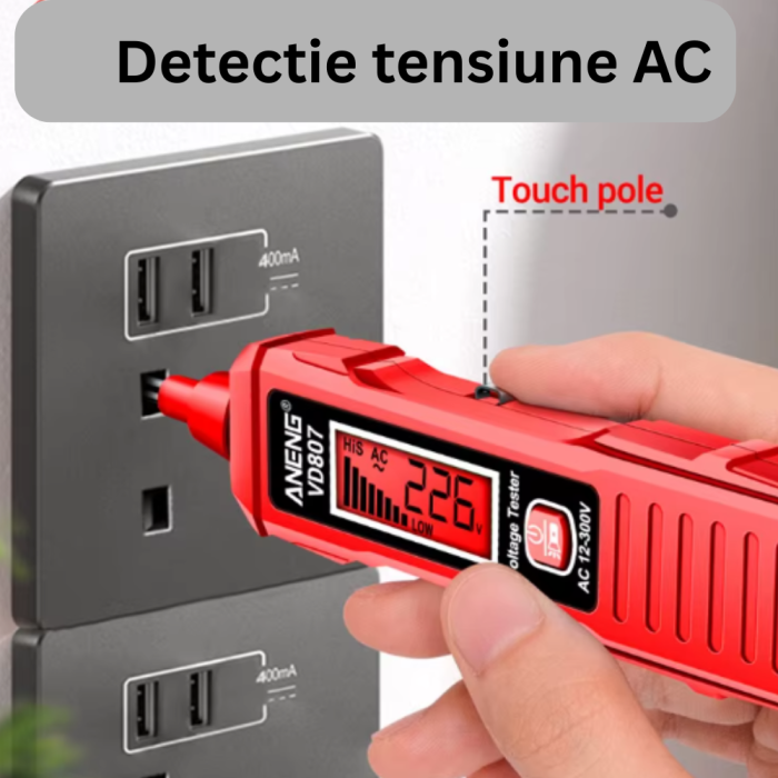 Tester de tensiune, NCV, 12-300V AC, lanterna, detectie fir faza/nul, tip surubelnita, Aneng VD807 [6]