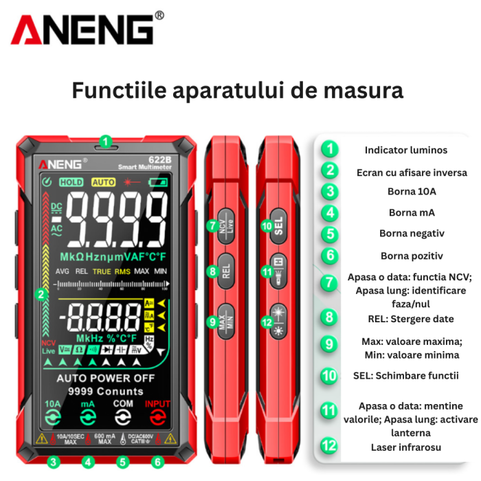 Multimetru digital profesional, True RMS, NCV, 9999 counts, ANENG 622B [3]