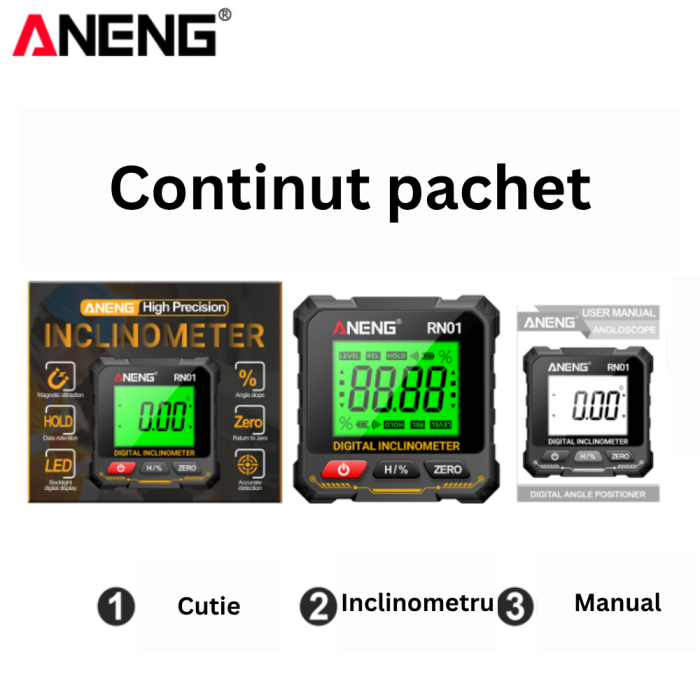 Inclinometru digital, ANENG RN01, unghi 0-90 grade, afisaj LCD, baza magnetica, instrument profesional masurare inclinatie [3]