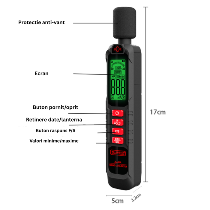 Sonometru profesional, ZL81A, ecran digital, nivel zgomot masurat 30-130 dB, Rezolutie 0.1 dB [4]