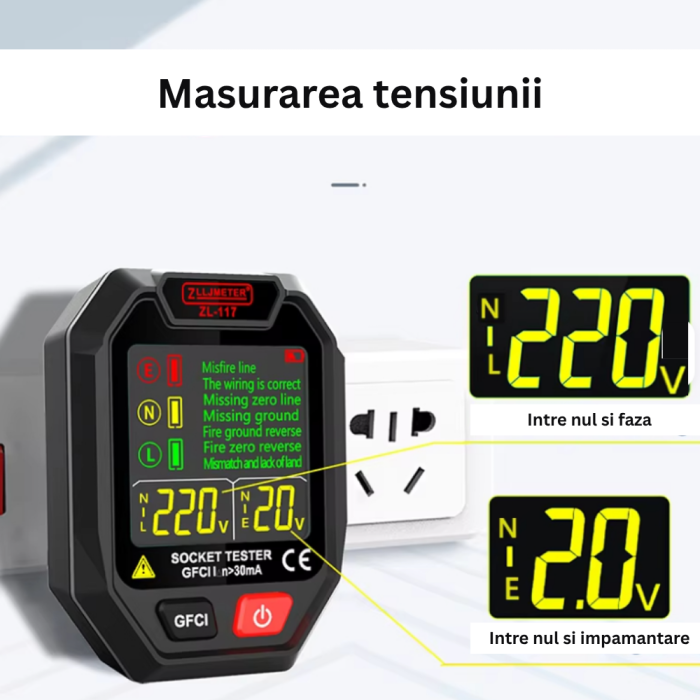 Tester priza digital ZL117, detectie RCD, detectie conexiuni gresite, 110-250V AC, LCD iluminat [2]