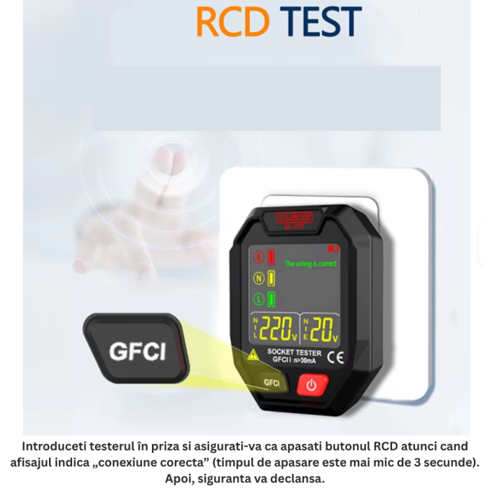 Tester priza digital ZL117, detectie RCD, detectie conexiuni gresite, 110-250V AC, LCD iluminat [7]