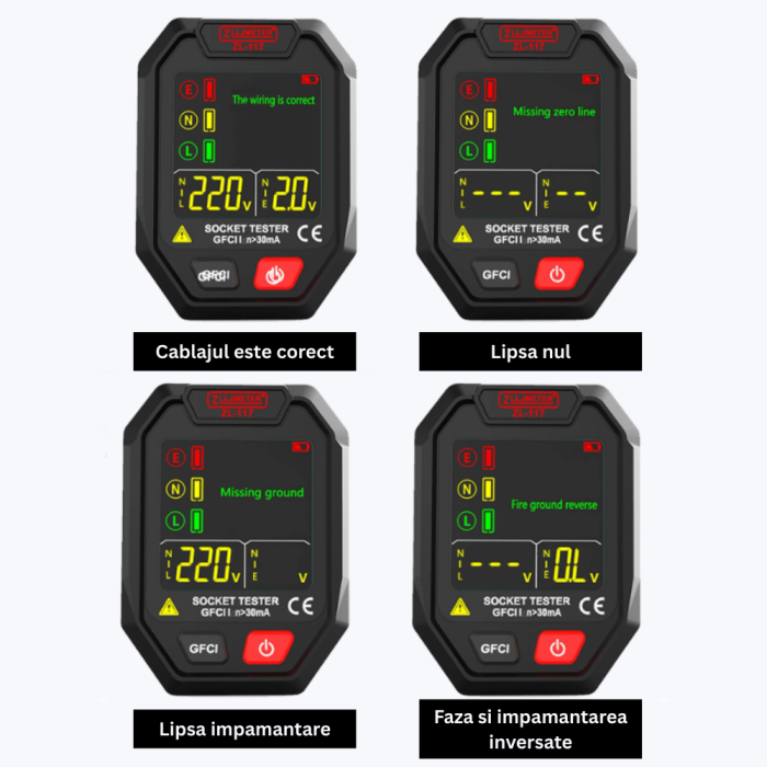 Tester priza digital ZL117, detectie RCD, detectie conexiuni gresite, 110-250V AC, LCD iluminat [3]