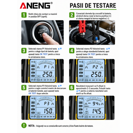 Tester baterii auto 12-24V, 3-200Ah, pentru vehicule auto, camioane, stivuitoare Aneng BT175 [3]