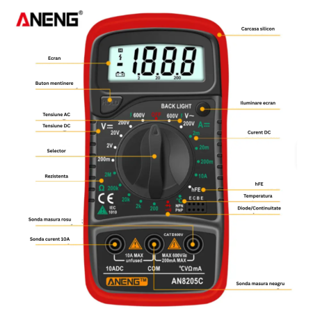 Aparat de masura digital, tensiune AC/DC 600V, retinere date, sonda temperatura, Aneng AN8205C [2]