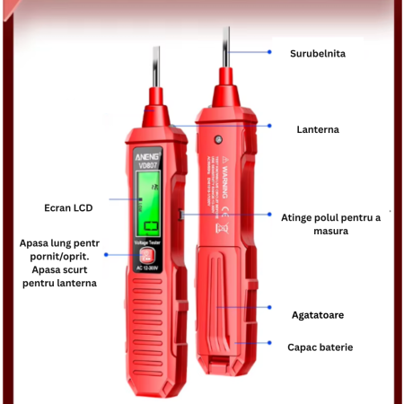 Tester de tensiune, NCV, 12-300V AC, lanterna, detectie fir faza/nul, tip surubelnita, Aneng VD807 [3]