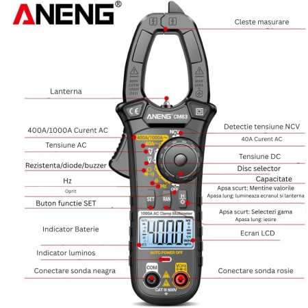 Clampmetru profesional 1000A AC, 600V AC/DC, afisaj LCD, ANENG CM83 [4]